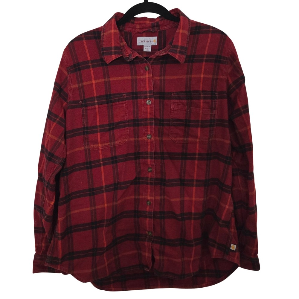 Carhartt Boys XL 16/18 Flannel Shirt Red Black Plaid Fits Womens Small Stretch